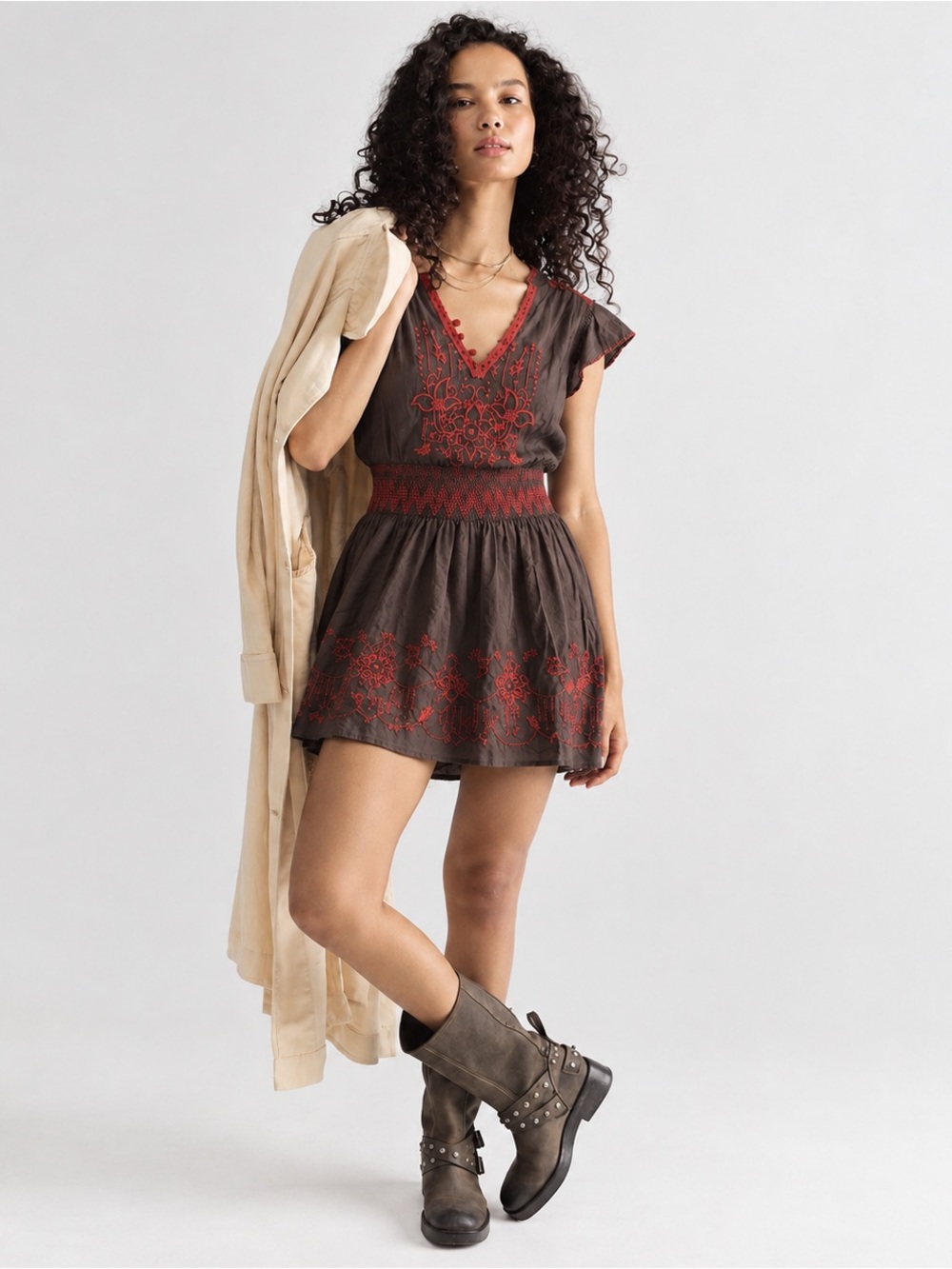 Free People Bohemian Brown And Coral Embroidered Mini Dress